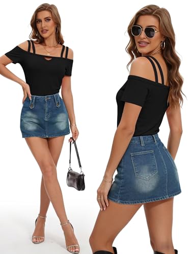 Image of Bliwov Womens Cold Shoulder Tops Short Sleeve Cute Sexy Summer Spring Beach Vacation T Shirts Fashion Outfits Basic Clothes