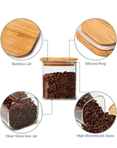 Image of 4 Pcs Borosilicate Glass Square Airtight Jar Set with Pinewood Tray | 450ml Each | Elegant Dry Fruit & Snack Serving Jar Set for Kitchen, Dining & Gifting