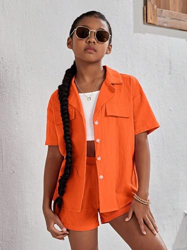 Image of WDIRARA Girl's 3 Pieces Outfit Short Sleeve Button Front Shirt with Camisole and Shorts Set