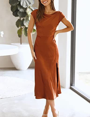 Gmeitoey Women'S Summer Satin Elegance Backless Twist Cap Sleeves Midi Dress 2023 Sexy Cowl Neck Slit Cocktail Wedding Guest Dresses Brown thumb #5