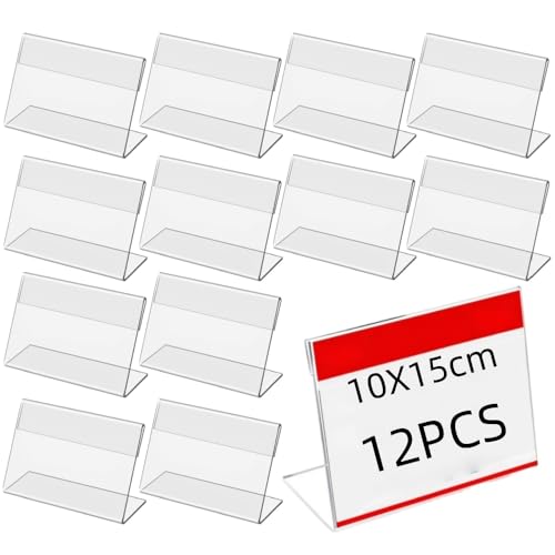 Pack of 12 Transparent Acrylic Label Holders,Table Name Plate,Acrylic Price Tags,Small Name Cards,Goods Sign Display,Price Tags Stand,Business Card Display for Office,Shop and Supermarket(10 x 15 cm)