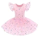 Girls Glitter Heart Ballet Dance Dress Ruffle Sleeves Tutu Skirted Leotard Sparkle Sequins Ballerina Dancewear for Toddler Kids Girl Ballet Dress Outfit Shiny Gymnastics Costume Pink Heart 7-8 Years