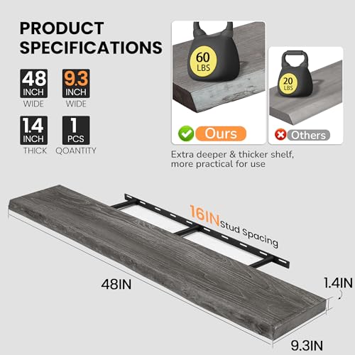 Image of Fun Memories Floating Shelves for Wall, 48 inchx9.3 inch Rustic Solid Live-Edge Elm Wood Wall Shelves, Heavy-Duty Floating Shelves with Invisible Brackets for Living Room, Bedroom, and Kitchen, Grey Finish