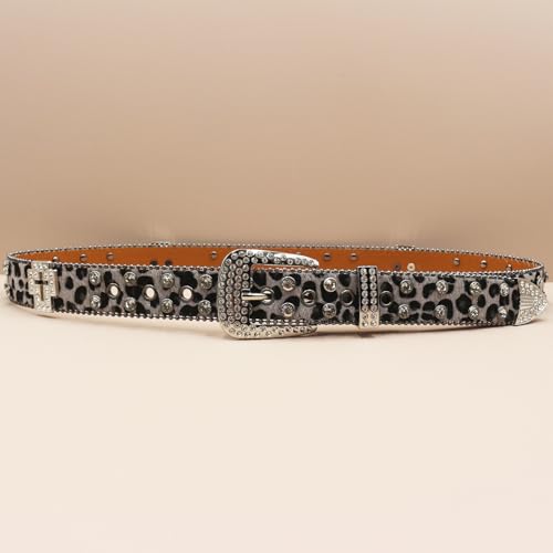 Leopard Print Cross Belt for Men – Stylish Rhinestone-Studded Waist Strap Accessory, Perfect for Jeans and Casual Wear(125cm/49, Gray)4