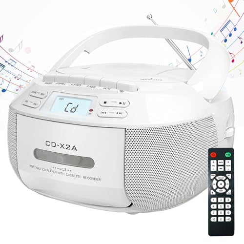 Reproductor de CD portátil con combo de casete, radio FM, reproducción USB/AUX, sonido estéreo, control remoto, grabación de cinta, alimentación AC/DC