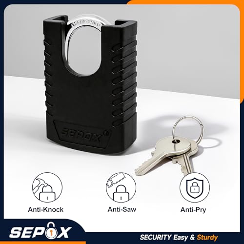 Image of SEPOX Heavy Duty Outdoor Padlock with 2 Keys - 3-3 /16 inch (80mm) Weatherproof Rustproof Lock for Gate, Fence, Shed, Toolbox - Black 3PCS
