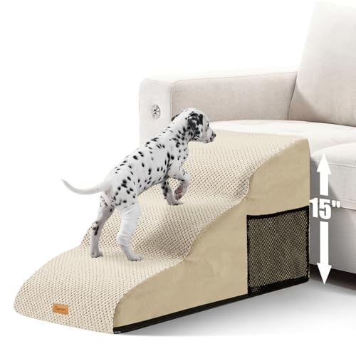 Image of Topmart High Density Extended Foam Dog Ramp&Steps 3 Tiers,15.7 inch High | Non-Slip Dog Stairs with Removable Cover,Soft Foam Pet Ladder,Best for Injured,Older Cats,Pets with Joint Pain