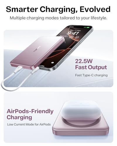 Image of TORRAS MiniMag Power Bank,Ultra-Slim 10,000mAh Magnetic Wireless Portable Charger, 22.5W Fast Charging iPhone Air Magnetic Battery Pack Designed for iPhone 17 Pro Max /17 Pro /Air /16 /15 /14 /13 /12, Pink