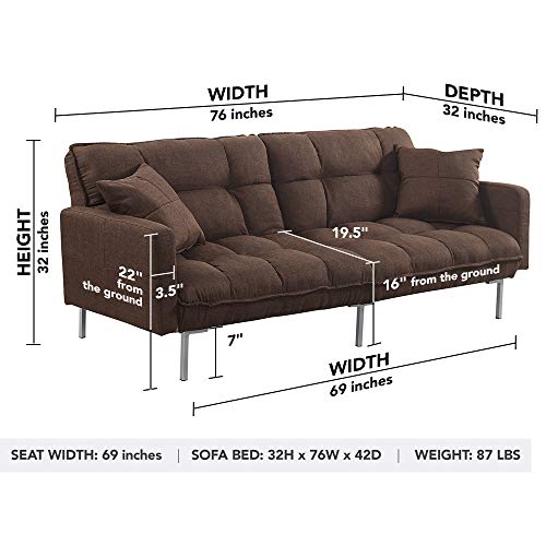 Divano Roma Furniture Modern Plush Tufted Linen Fabric Sleeper Futon, Small, Brown