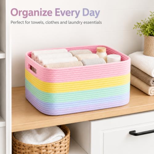 Image of 12.8GAL Kids Stuffed Animal Toy Storage Organizer, Cute Mini Nursery Laundry Basket for Baby Girls Boys Dirty Clothes, Picture Books, Small Cotton Rope Wicker Hamper for Bathroom Towels Rainbow Pastel