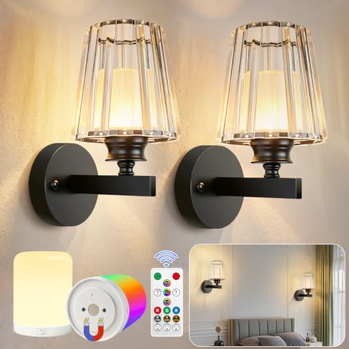 Image of Adetu 10.4 Inch Crystal Wall Sconces Set of 2, Battery Operated Wall Sconce | 10000mAh Dimmable Magnetic Bulbs and Remote, 5%-100% Dimmable, RGB Rechargeable Wall Lamp for Bedroom Living Room Decor