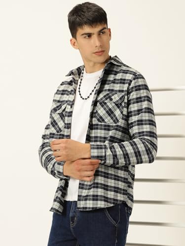Image of Thomas Scott Men's | Checks | Full Sleeve | Slim Fit | Cotton Blend | Double Flap Pocket | Spread Collar | Casual Shirt