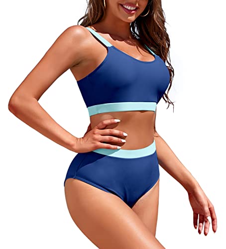Image of Womens High Waisted Bikini Sets Sporty Crop Top Color Block Swimwear Bandeau Scoop Neck Vintage Two Piece Bathing Suits
