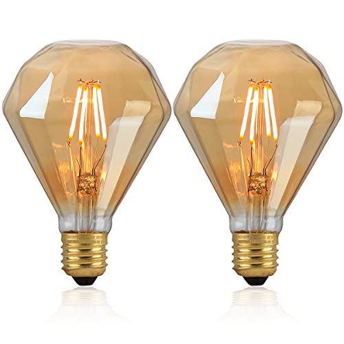 40watt Decorative Light Bulb,Diamond Shape Vintage Nostalgic LED Edison Light Bulb Dimmable,Warm Light 2200k Atmosphere Lights,for Living Room,Bedroom,Lamps,Night Light,Vanity Fancy Light Bulbs 2pack