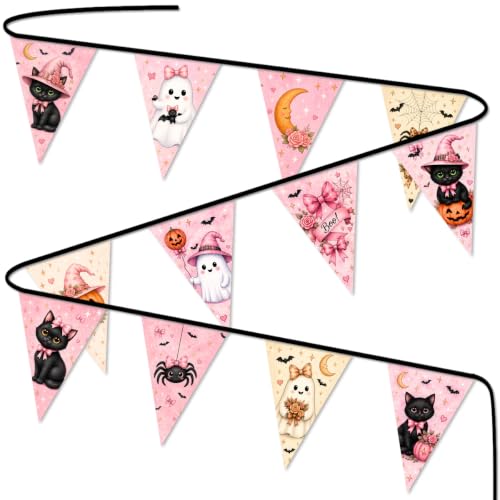 Image of Pink Halloween Banner with 12 Fabric Triangle Pennants, Coquette Bow Ghost Black Cat Pumpkin Garland, Cute Farmhouse Halloween Decor for Bedroom, Kitchen, Party, Ready to Hang, 13FT