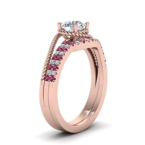 Image of Choose Your Gemstone Rope Split Shank Wedding Ring Set Rose Gold Plated Round Shape Wedding Ring Sets Everyday Jewelry Wedding Jewelry Handmade Gifts for Wife US Size 4 to 12