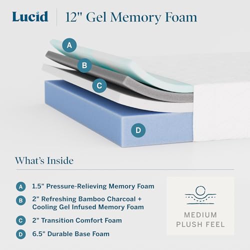 LUCID 12 Inch Memory Foam Mattress - Plush Feel - Memory Foam Infused with Bamboo Charcoal - Gel Infusions - CertiPUR-US Certified - Breathable - TwinTwin Size