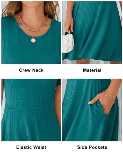 Image of Newshows Womens 2025 Summer Dresses Short Sleeve Ribbed Knit A-Line Swing Beach Vacation Outfits Casual Sundress with Pockets