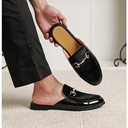 Image of FLQL Men's Leather Scuff Slippers Velvet Slip On Loafers Fashion Backless Mule Clogs Anti-Slip Sandals Slides for Men and Women Designer Size 7-13