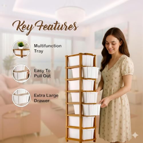 Image of 7 Layer Plastic Modular Storage Drawer Organizer | Chest of Drawer Storage Box for Living Room, Office, School and Home Toys | Organiser for Kids Room | Ivory & Brown (7-Layer ivory)