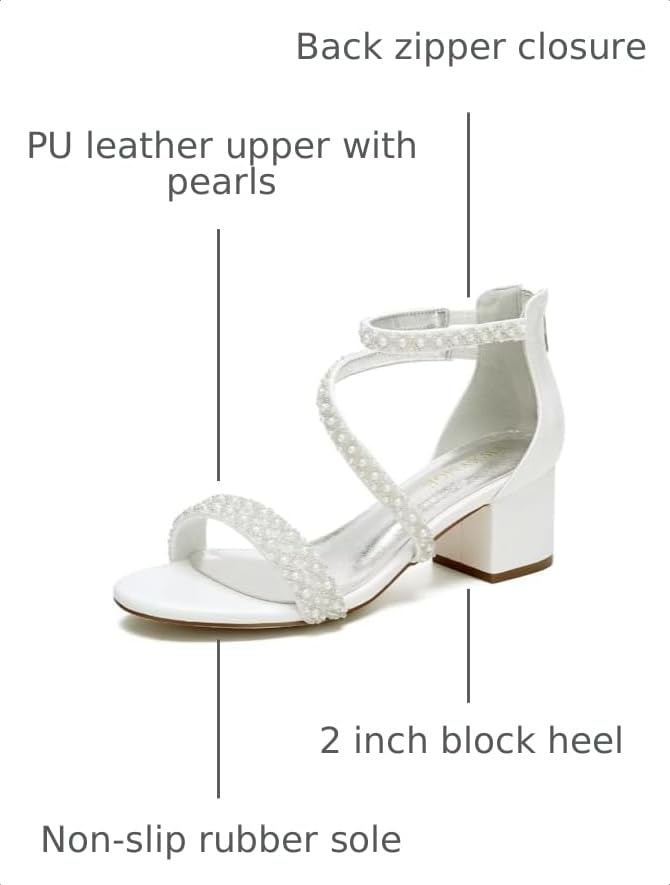 Image of Low Block Heel Wedding Sandals for Bride Open Toe Wedding Shoes Pearl Wedding Heels Bridal Shoes