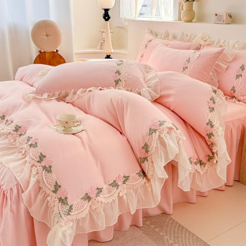 Floral Chic Lace Ruffled Bedding Set, 1 Duvet Cover + 1 Pillowcases Set,Girl French Princess Style Bedding-2 Piece Twin Duvet Cover with Zipper Closure -Ultra Soft and Light Weight-No Comforter