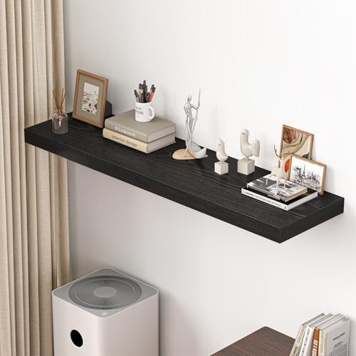Image of Dreamland 55 inch Floating Shelves for Wall, 12 inch Deep Thicker Black Floating Shelves, Wall-Mounted Shelves for Bedroom, Living Room, Kitchen, Bathroom - Set of 1
