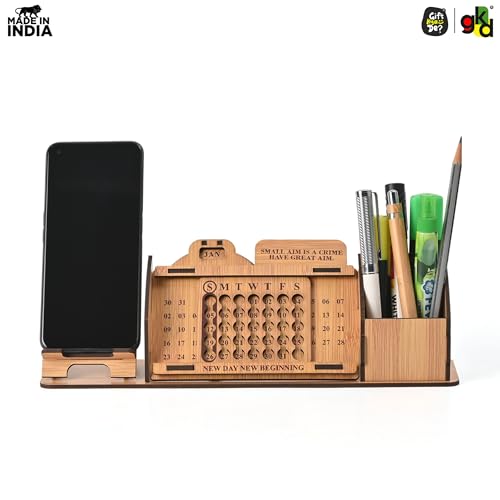 Image of Gift Kya De Wooden Desk Organizer with Desk Calendar, Mobile Holder & Pen Stand | APJ Abdul Kalam Printed Quote & Design | Office Table Decor Gift | Made in India (Eco Friendly)