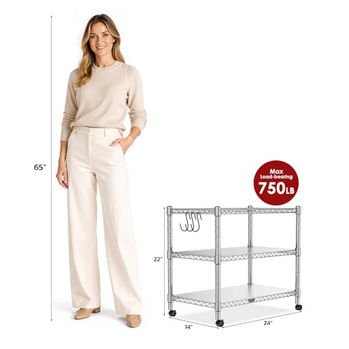 Image of Heavy Duty 3-Shelf Shelving Unit, 24.02 inch W x 13.78 inch D x 21.97 inch H Chrome Steel Storage Rack with Wheels, 2 PP Shelf Liners and Hooks, Adjustable Under Desk Organizer for Kitchen, Office, Garage