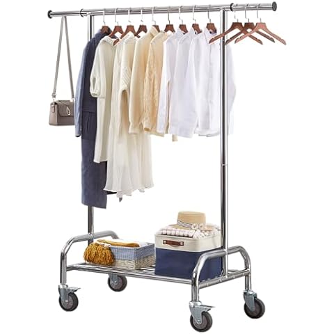 LiaMeE Heavy Duty Clothing Racks for Hanging Clothes, Adjustable Rolling Commercial Garment Rail on Wheels, Free Standing Standard Rod & Shelf for Wardrobe Organization, Chrome Plated Cover