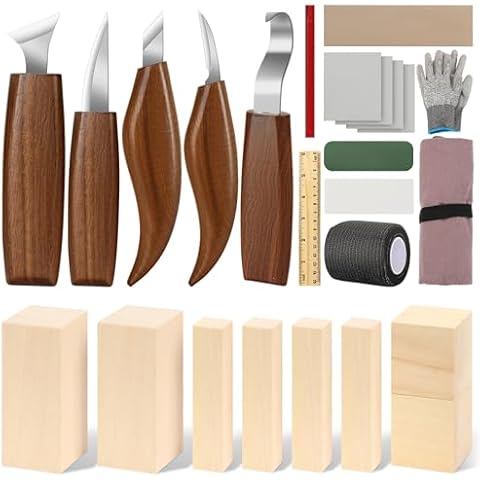 AUGSUN Wood Whittling Kit, 25 Pack Wood Carving Tools for Beginners, Hand Carving Knife Set Includes 5 Wood Carving Knives, 8 Basswood Wood Blocks, Gloves for Craft DIY Woodworking Cover