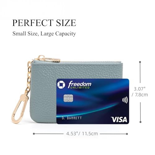 Image of Full Grain Leather Coin Purse with Key Chain - Small Change Purse Keychain Card Holder Keychain Pouch Small Keychain Wallet for Women and Men (Powder Blue)
