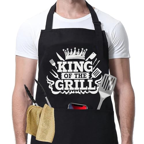 Fjquamitix King of The Grill Apron, Adjustable Bbq Apron for Men, Christmas Funny Gift for Him, Dad, Son and Husband