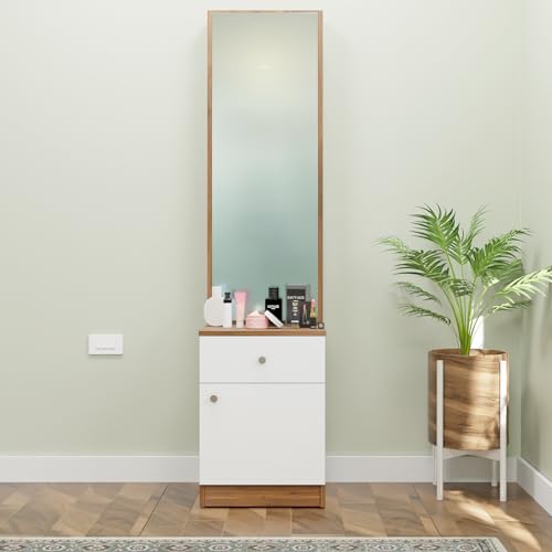 Image of VIKI | Engineered Wood Dressing Table with 1 Drawer & 1 Door, Mirror and Huge Storage Space | Vanity for Living Room, Bedroom (Brussel Walnut & Frosty White - 43.8W x 40D x 182.6H cms)