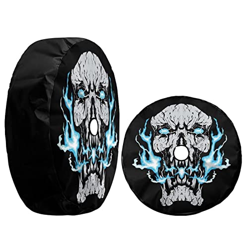 Image of Delerain Spare Tire Cover with Backup Camera Hole Blue Fire Skull Head Wheel Covers Waterproof Dust-Proof UV Sun Universal Fit for RV Trailer RV SUV Truck (18 Inch for Diameter 32 inch-34 inch)
