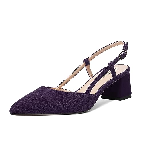 ROSERWISH Womens Fashion Suede Party Casual Buckle Pointed Toe Slingback Chunky Low Heel Pumps Shoes 2 Inch