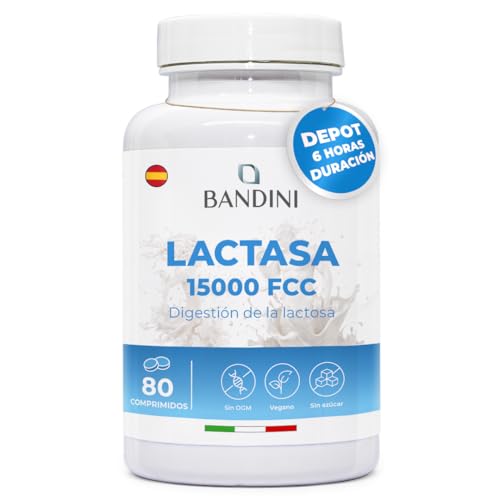 Bandini® Lactasa 15.000 FCC - Efecto depot (6 HORAS de lenta liberación) - Tratamiento de Comprimidos para Intolerancia a la Lactosa - Digestión de Leche, Queso - Enzimas Digestivas - 80 comprimidos