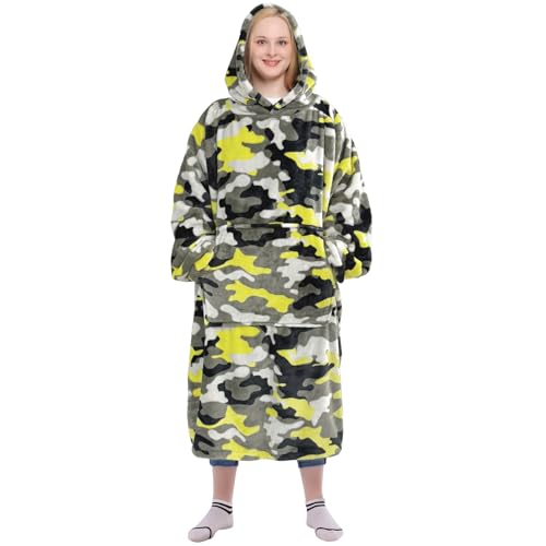 Image of Waitu Wearable Blanket Sweatshirt Gifts for Women and Men, Warm and Cozy Giant Blanket Hoodie, Thick Flannel Blanket with Sleeves and Giant Pocket - Yellow Camo