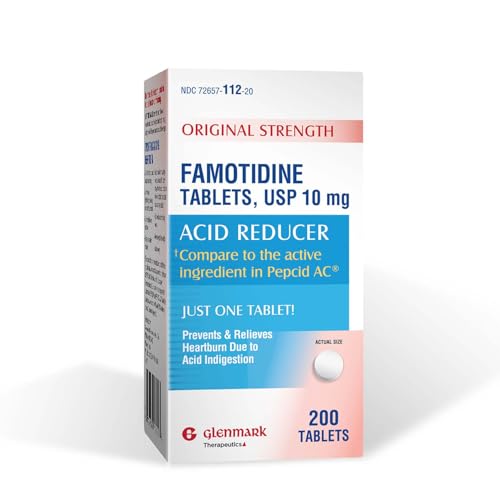 Glenmark Therapeutics Original Strength Famotidine Tablets 10 mg Acid Reducer for Heartburn Relief 200 Count