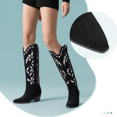 Image of LingxiaUne Cowboy Boots for Women Floral Cowgirl Boots with Pointed Toe and Chunky Heel Mid Calf Western Boot for Concert Festival Country Night Party