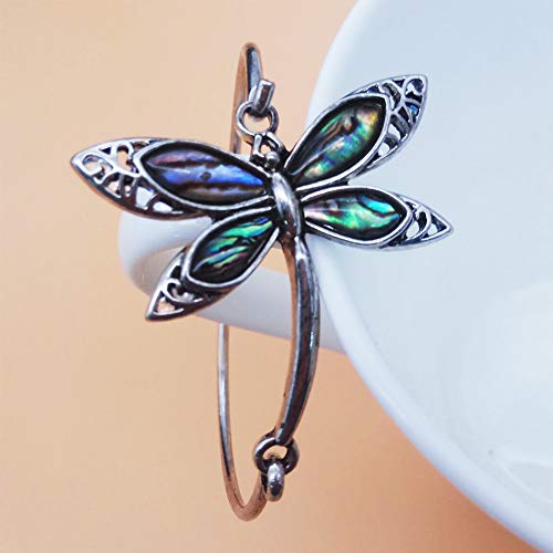 Image of Exquisite Dragonfly Charm Bracelet Abalone Shell Bangle Cuff Antique Silver
