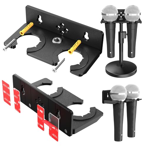 Multi Microphone Holder for 2 Mics - 4 Installation Types: No-Drill Wall Mount (Smooth Walls), Drilled Wall Mount (Rough Surfaces), 3/8