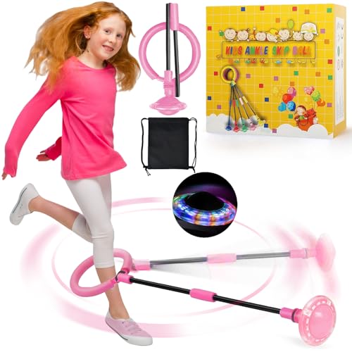 chimoo Bola de salto para niños con anillo al tobillo, para saltar y girar, plegable, bola de salto deportiva con rueda de luz, color lila intermitente, para niñas de 6, 7, 8, 9 y 10 años