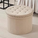 Ornavo Home Large 20' Round Collapsible Ottoman with Storage with Nailhead Trim for Living Room and Bedroom - Linen Beige