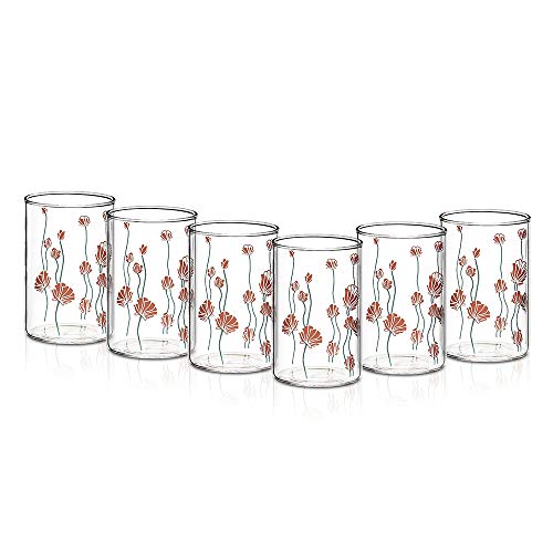 Image of Borosil Vision 6pc Transparent Drinking Glass | Borosilicate Glass Tumblers for Water, Cold Drinks, Juice | Flame Proof, Microwave & Dishwasher Safe | for Daily use & Gifting (Red Bud, 295 ml)