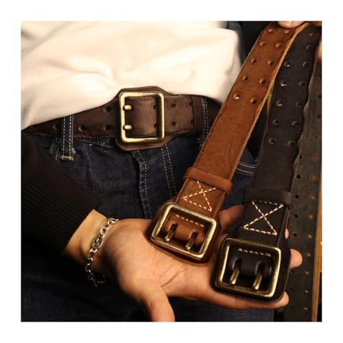 Original Handmade Double-Needle Buckle Men's Belt Washed Water Belt Genuine Leather Belt(125cm,Coffee)2