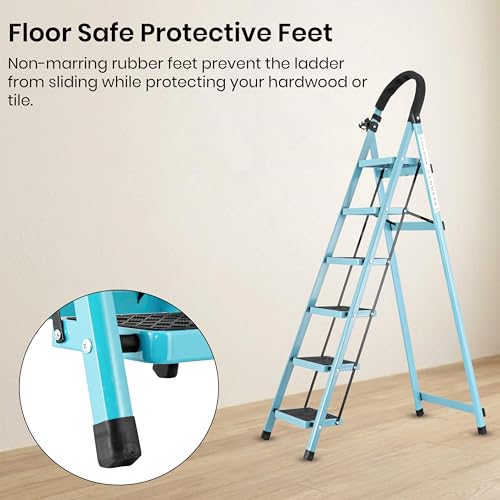 Image of Teal Blue 6 Step Ladder for Home Use with Built-in Tool Tray | Heavy Duty D Shape Rods | Ultra Large Platform | Wide Rubber Feet | 150Kg Capacity Foldable Ladder - 7 Years Warranty