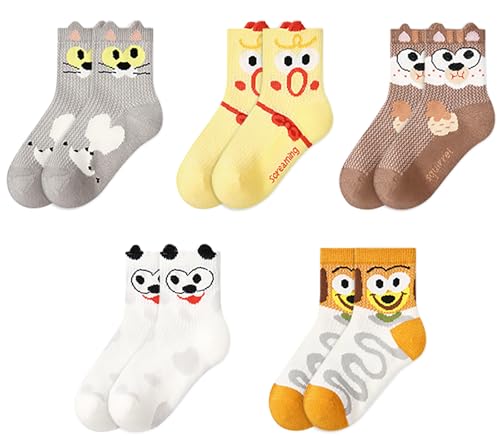 Heyjoin 5 pares de calcetines de algodón con dibujos animados para niños de 1 a 12 años, Animales de ojos redondos, 3 años