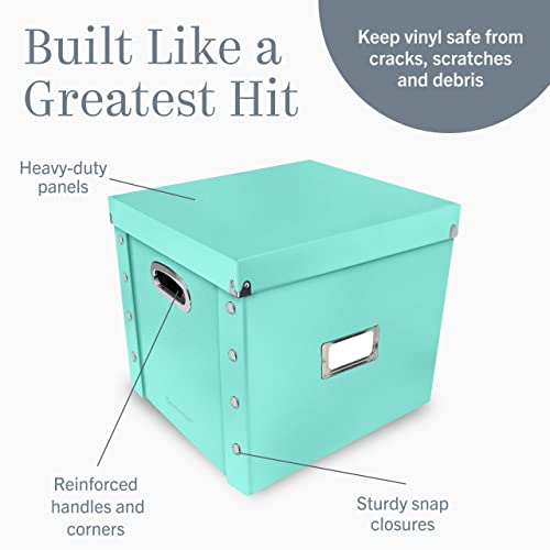 Image of Snap-N-Store Vinyl Record Storage Box - 12 inch - 1 Pack- Crate Holds up to 75 Vinyl Albums - Mint | Collapsible LP holder with lid, snaps together for easy assembly, stylish record organizer for shelf display