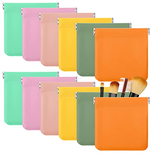 12 Pcs Lambskin Pocket Cosmetic Bag Waterproof No Zipper Self Closing Makeup Bag PU Leather Cosmetic Pouch Cute Purse Makeup Bag Travel Storage for Women Cosmetics Jewelry Toiletry (Bright Color)